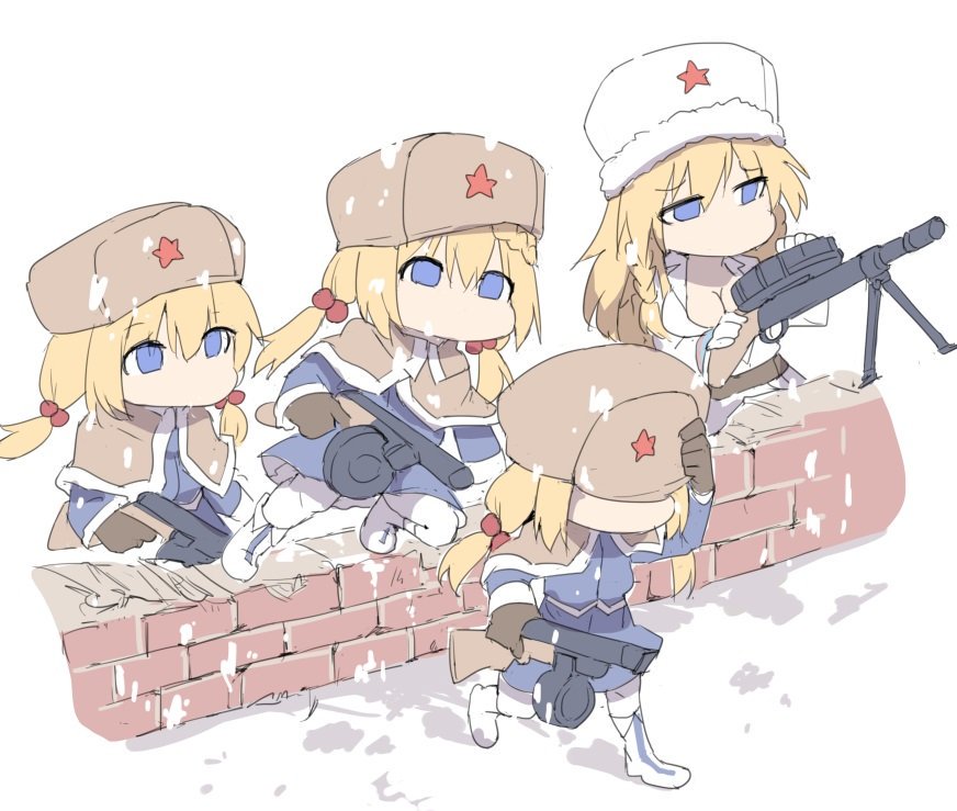 4girls, blonde_hair, blue_eyes, brick_wall, company_of_heroes, dp28_(girls_frontline), fur_hat, girls_frontline