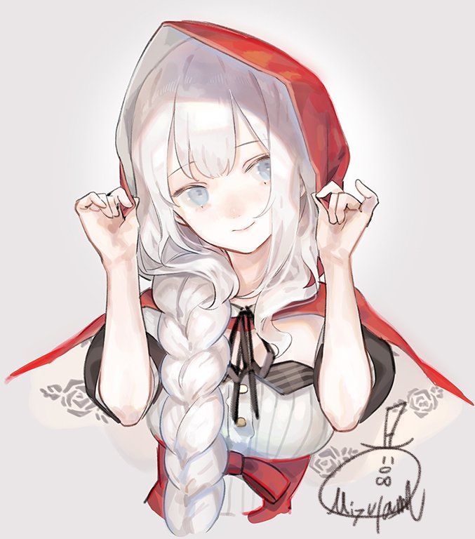 1girl, adjusting_hood, bangs, beige_background, black_ribbon, blue_eyes, braid, breasts