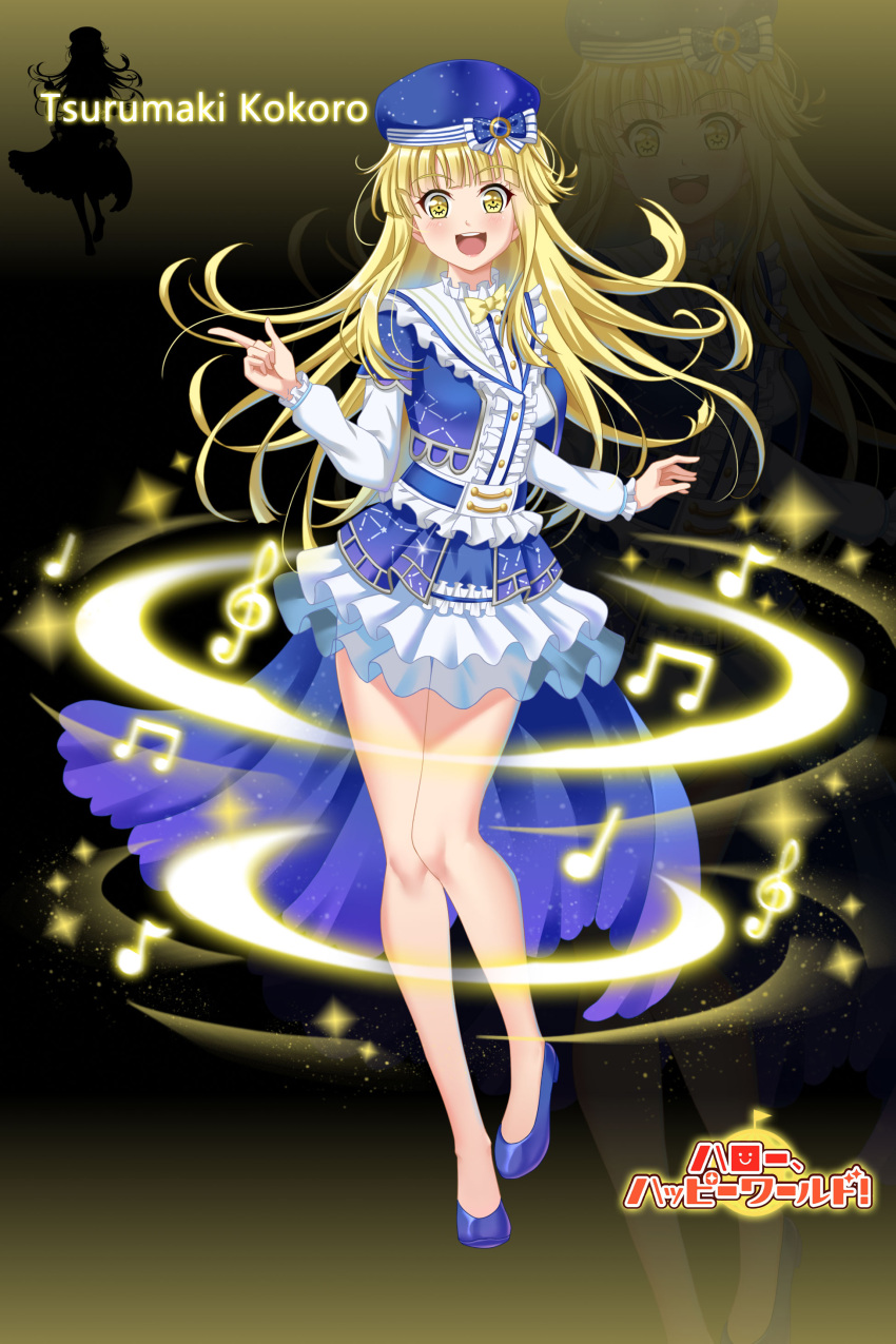 1girl, :d, absurdres, bang_dream!, bangs, beret, blonde_hair, blue_cape