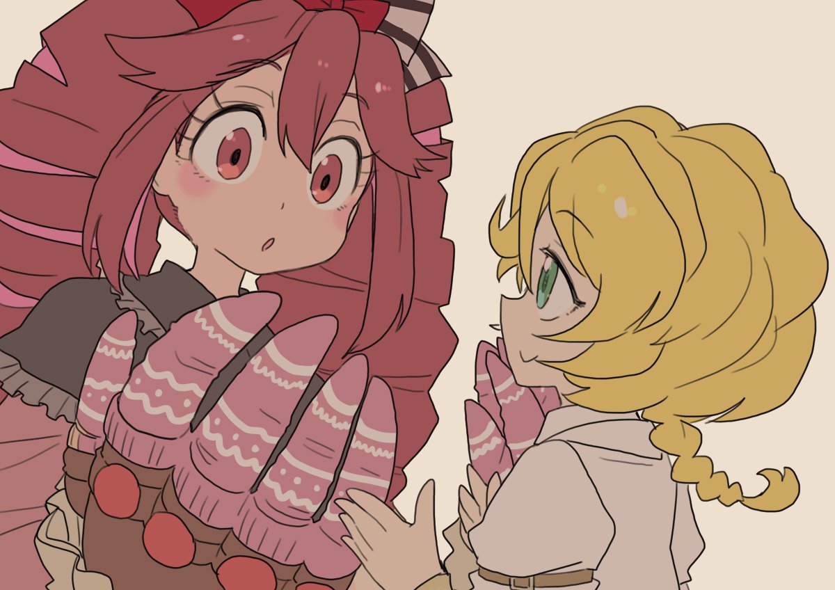 2girls, :o, blonde_hair, blush, bow, braid, elfnein, finger_gloves, green_eyes, hair_bow, kokura581, micha_jawkan, multiple_girls, red_eyes, redhead, senki_zesshou_symphogear, smile