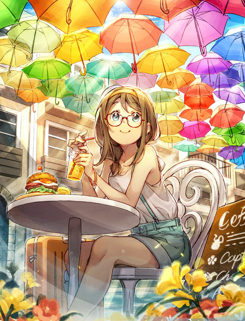 1girl, brown_hair, building, cafe, chair, commentary_request, cup, day, drinking_straw, elbows_on_table, flower, food, fried_egg, glasses, green_eyes, hair_over_shoulder, hairband, hamburger, highres, holding, holding_cup, hotechige, lemonade, long_hair, low-tied_long_hair, menu_board, mini_flag, original, outdoors, parasol, red_flower, shirt, shorts, sidelocks, sitting, sleeveless, sleeveless_shirt, smile, solo, suitcase, suspender_shorts, suspenders, table, too_many_umbrellas, umbrella, white_shirt, yellow_flower