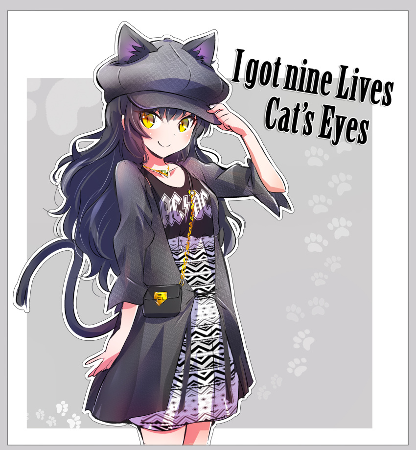 1girl, absurdres, acdc, alternate_costume, animal_ears, bag, black_bag, black_hair, blake_belladonna, cat_ears, cat_tail, chain, collarbone, commentary_request, dress, english_text, eyebrows_visible_through_hair, handbag, hat, highres, iesupa, jacket, long_hair, looking_at_viewer, rwby, smile, solo, tail, wavy_hair, yellow_eyes