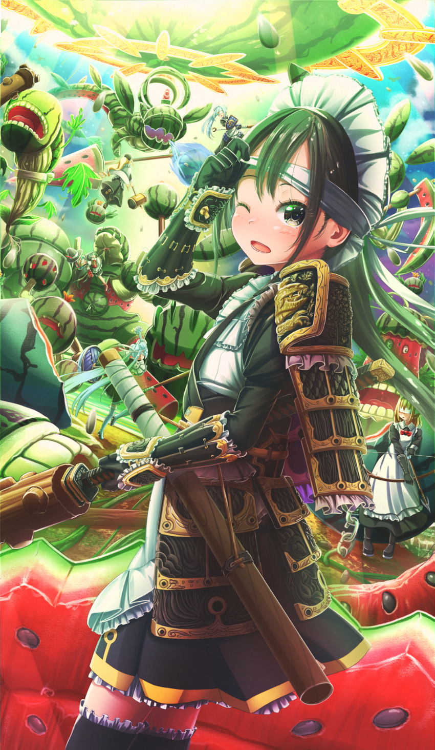 6+girls, ;o, abo_(kawatasyunnnosukesabu), absurdres, apron, armor, arrow, bangs, baseball_bat, black_eyes, black_hair, blindfold, blindfold_lift, blonde_hair, blue_hair, bow_(weapon), chain, commentary_request, fantasy, food, frilled_legwear, fruit, gloves, highres, long_hair, maid_headdress, mallet, monster, multiple_girls, one_eye_closed, original, outdoors, ponytail, scythe, shield, suikawari, thigh-highs, watermelon, weapon