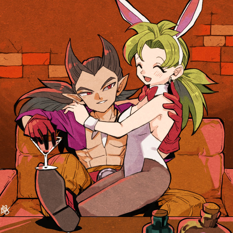 1boy, 1girl, abs, alternate_costume, alternate_hairstyle, animal_ears, bangs, black_hair