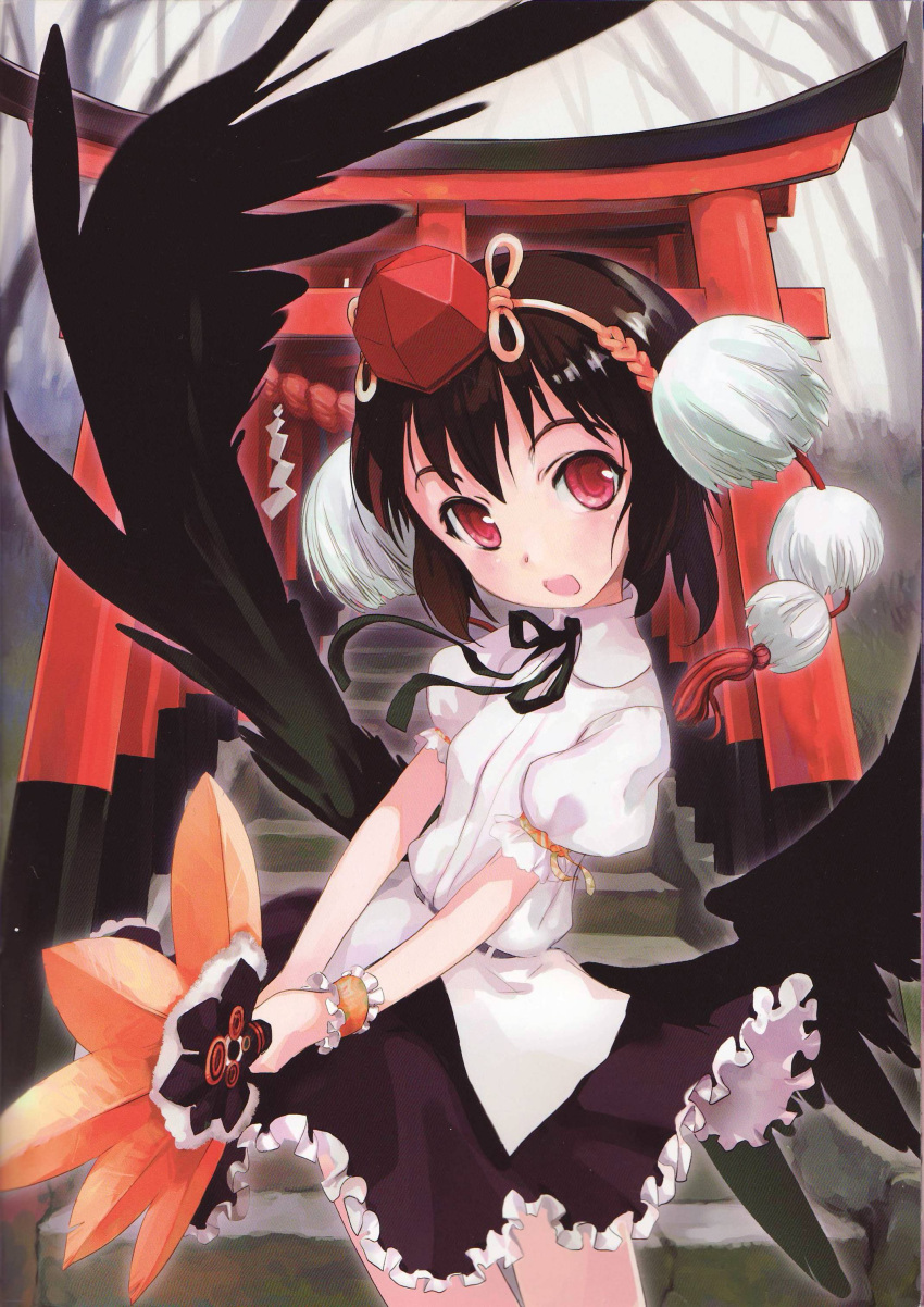 black_hair, black_wings, fan, hat, highres, red_eyes, scan, scan_artifacts