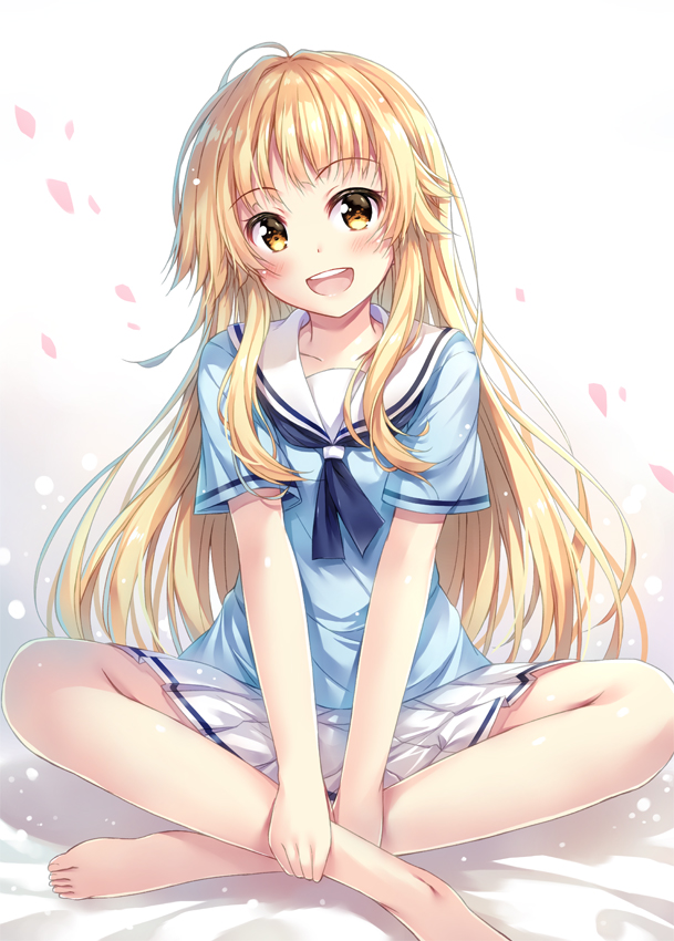 1girl, :d, bang_dream!, bangs, barefoot, blonde_hair, blue_neckwear, blue_shirt, blush, commentary_request, crossed_legs, hanasakigawa_school_uniform, indian_style, looking_at_viewer, neckerchief, open_mouth, petals, pleated_skirt, school_uniform, serafuku, shirt, short_sleeves, sitting, skirt, smile, solo, tomo_wakui, tsurumaki_kokoro, white_skirt, yellow_eyes