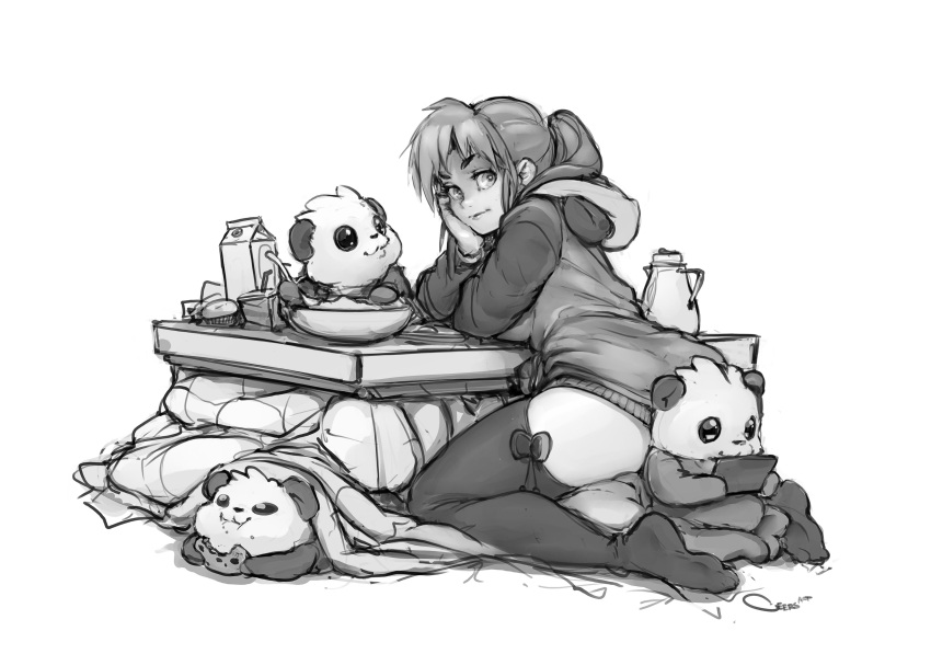 1girl, 3others, absurdres, animal, borrowed_character, bow_legwear, breasts, cereal