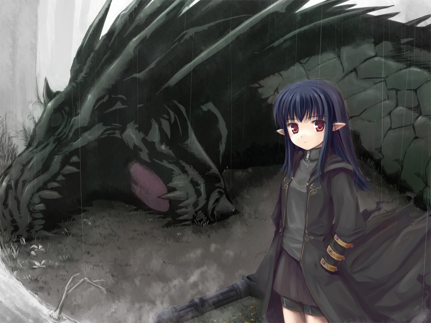 fangs, fantasy, gun, hinooka_shuji, hinooka_shuuji, original, pointy_ears, red_eyes, weapon