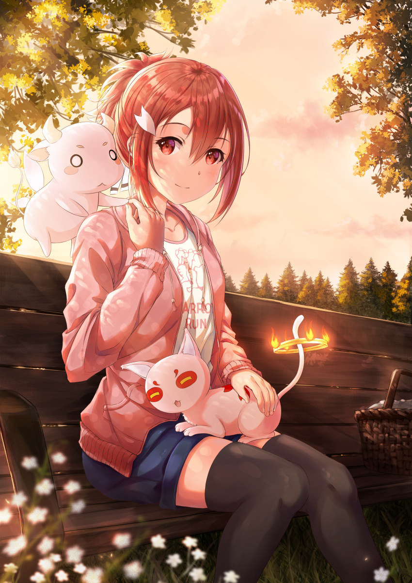 1girl, :3, :d, absurdres, bench, black_legwear, blue_shorts, blurry, blush, cat, closed_mouth, clothes_writing, clouds, collarbone, depth_of_field, drawstring, english_commentary, eyebrows_visible_through_hair, fire, flower, gyuuki_(yuyuyu), hair_between_eyes, hair_ornament, head_tilt, highres, hood, hoodie, itaro, kasha_(yuyuyu), looking_at_viewer, o_o, open_clothes, open_hoodie, open_mouth, outdoors, petting, picnic_basket, pink_cat, pink_hoodie, ponytail, red_eyes, redhead, shirt, short_hair, shorts, sitting, sky, smile, sunrise, sunset, thigh-highs, tree, white_shirt, yuuki_yuuna, yuuki_yuuna_wa_yuusha_de_aru, yuusha_de_aru