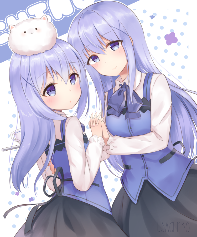 2girls, :o, angora_rabbit, animal, animal_on_head, artist_name, bangs, black_skirt