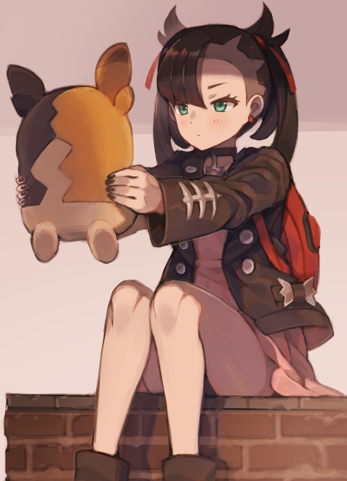 1girl, 1other, animal, aqua_eyes, backpack, bag, black_hair, black_nails