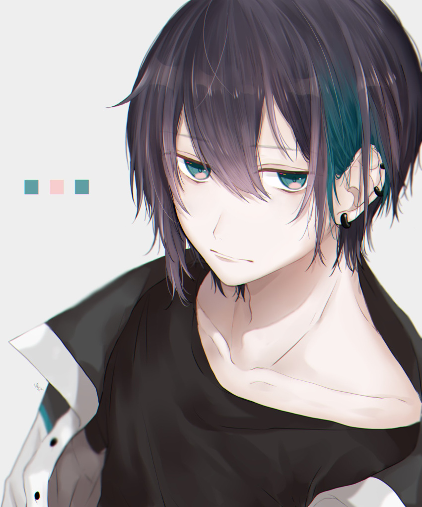 1boy, black_hair, black_shirt, blue_eyes, blurry, buttons, closed_mouth, collarbone