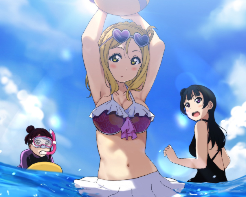 3girls, :o, alternate_hairstyle, armpits, arms_up, ascii_media_works, ball, bangs