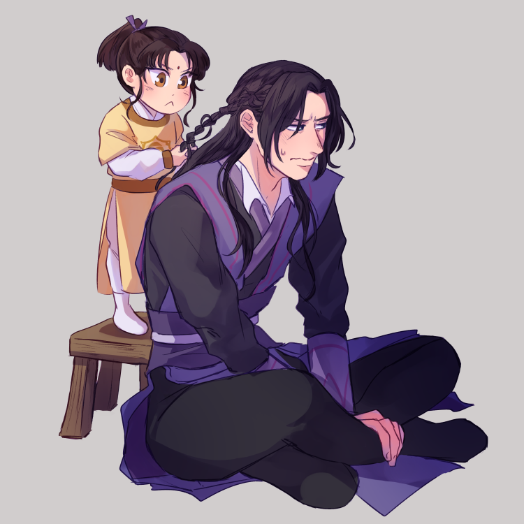 2boys, black_hair, braiding_hair, child, collabel_(amy), crossed_legs, facial_mark, forehead_mark, frown, grey_background, hairdressing, jiang_cheng, jin_ling, long_hair, long_sleeves, male_focus, mo_dao_zu_shi, multiple_boys, ponytail, sidelocks, sitting, standing, stool, sweatdrop