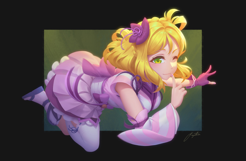1girl, ;), back_bow, black_border, blonde_hair, border, bow, braid