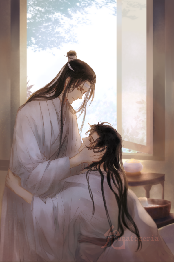 2boys, artist_name, black_hair, closed_eyes, day, hand_on_another's_cheek, hand_on_another's_face, headband, indoors, long_hair, looking_at_another, male_focus, mo_dao_zu_shi, multiple_boys, robe, smile, table, very_long_hair, wangji_lan, watermark, white_headband, white_robe, wide_sleeves, window, wuxian_wei, yaoi, yun-afezeria