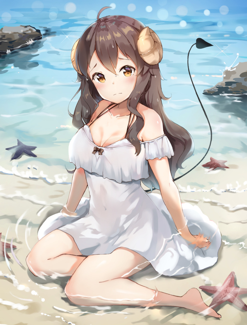 1girl, ahoge, bangs, bare_shoulders, barefoot, black_bow, blush, bow
