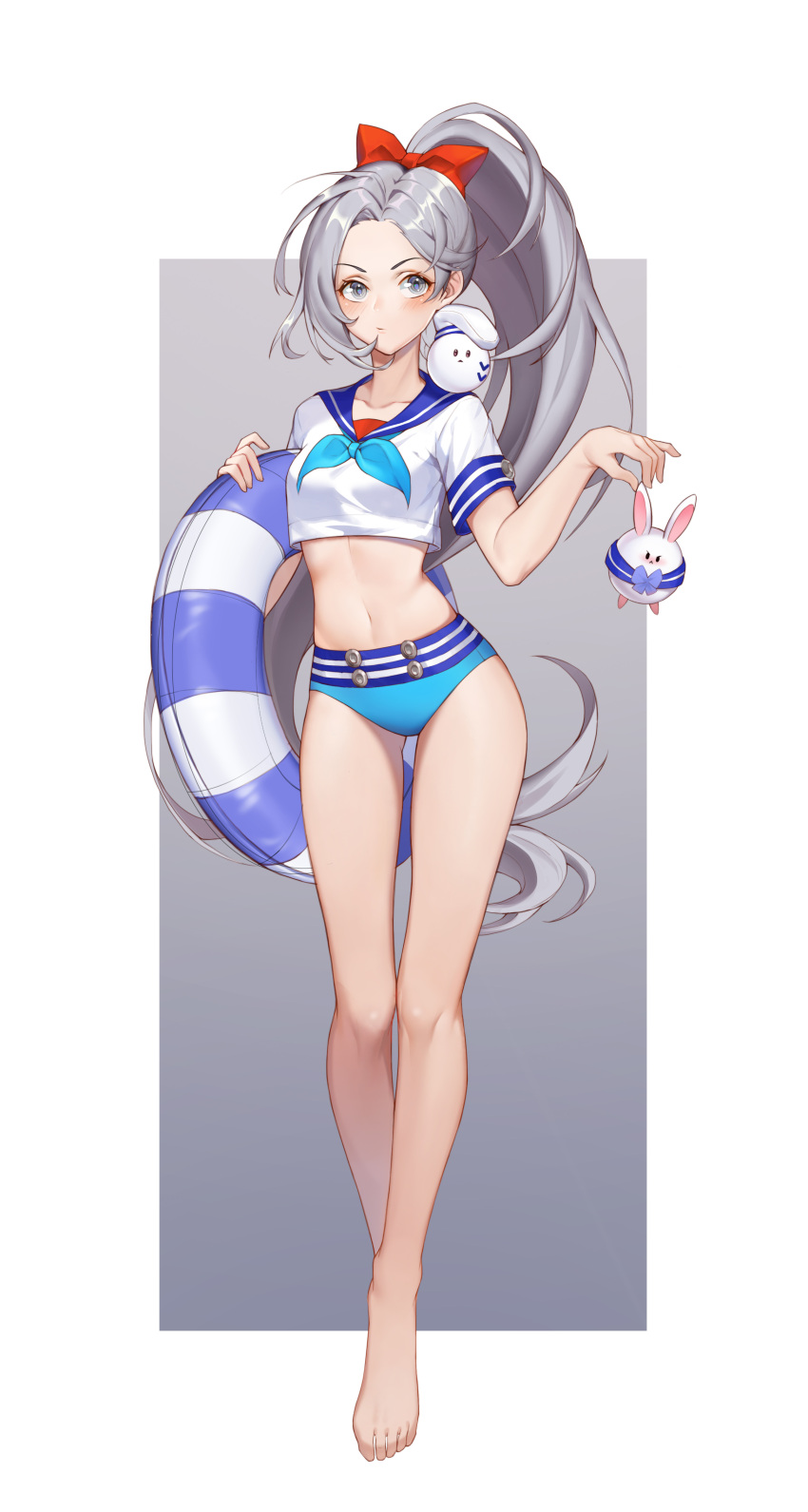 1girl, absurdres, bare_legs, barefoot, bikini_bottom, blue_bikini_bottom, blue_sailor_collar, blush
