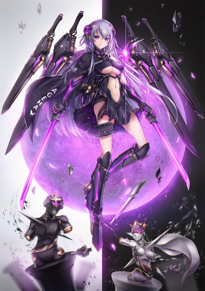 1girl, dual_wielding, flower, flying, hair_flower, hair_ornament, hairpin, highres