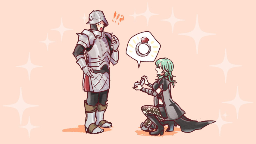 !?, 1boy, 1girl, armor, black_footwear, black_legwear, black_pants, boots