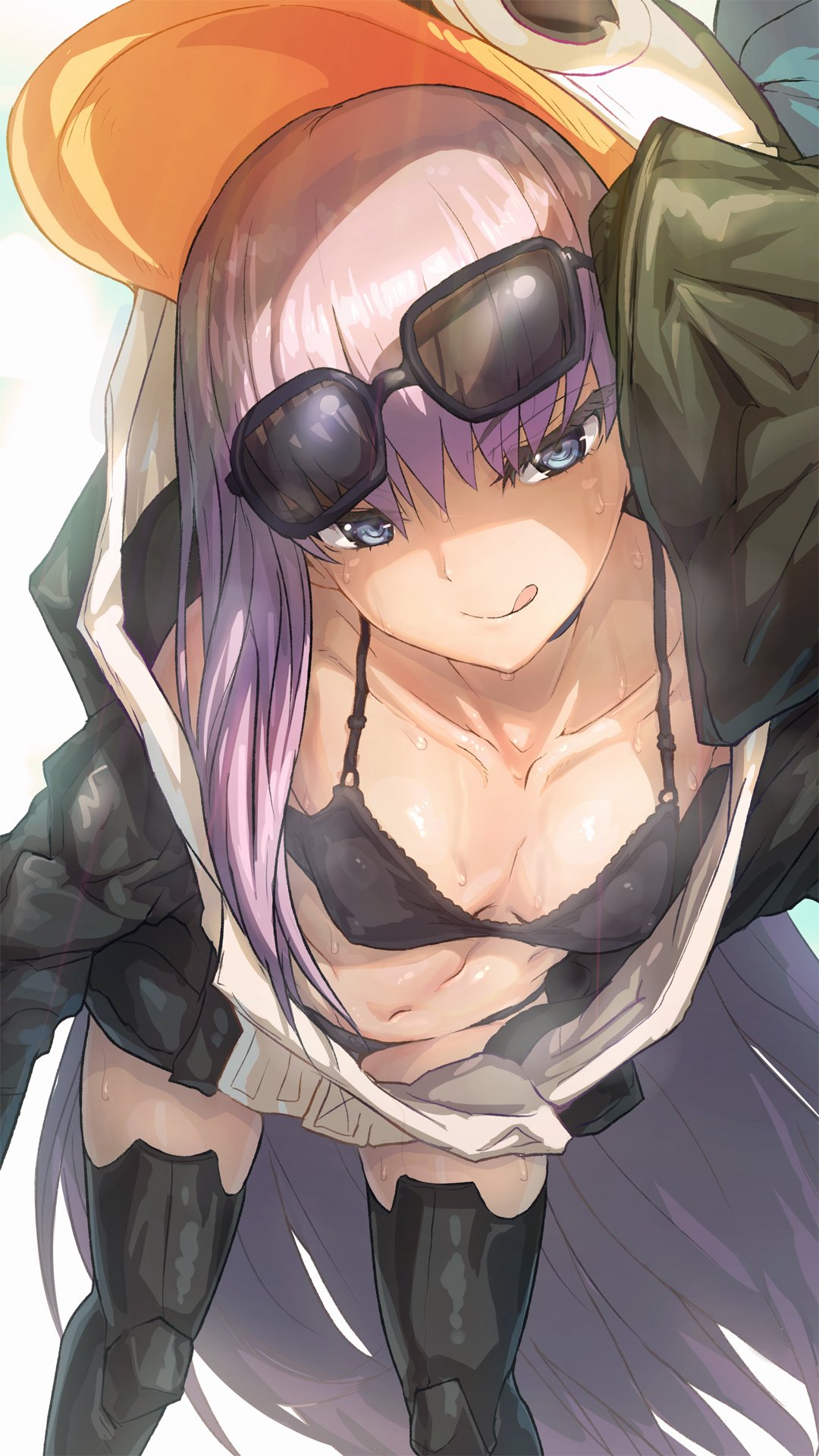 1girl, aya_shobon, bangs, bikini, bikini_under_clothes, black_bikini, black_jacket, blue_eyes