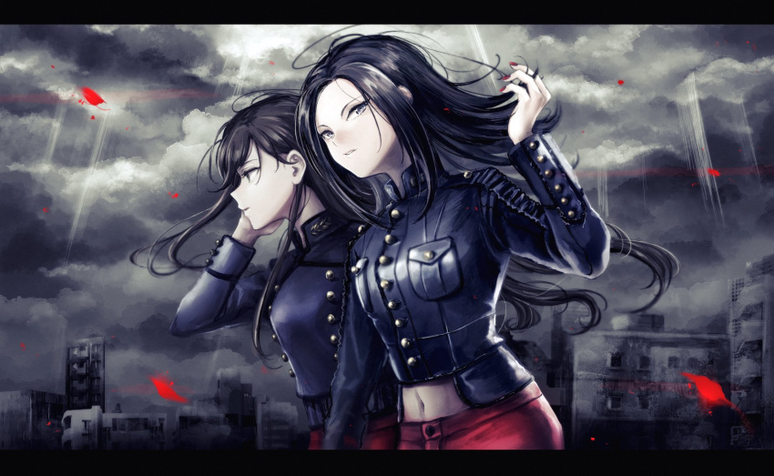 2girls, bang_dream!, black_eyes, black_hair, black_jacket, breast_pocket, building, green_eyes