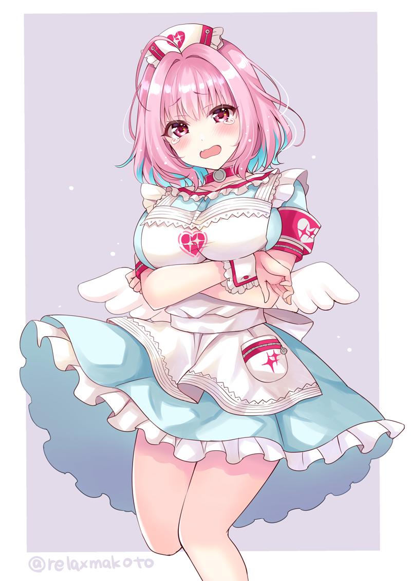 1girl, ahoge, apron, armband, bangs, blue_dress, blush, border