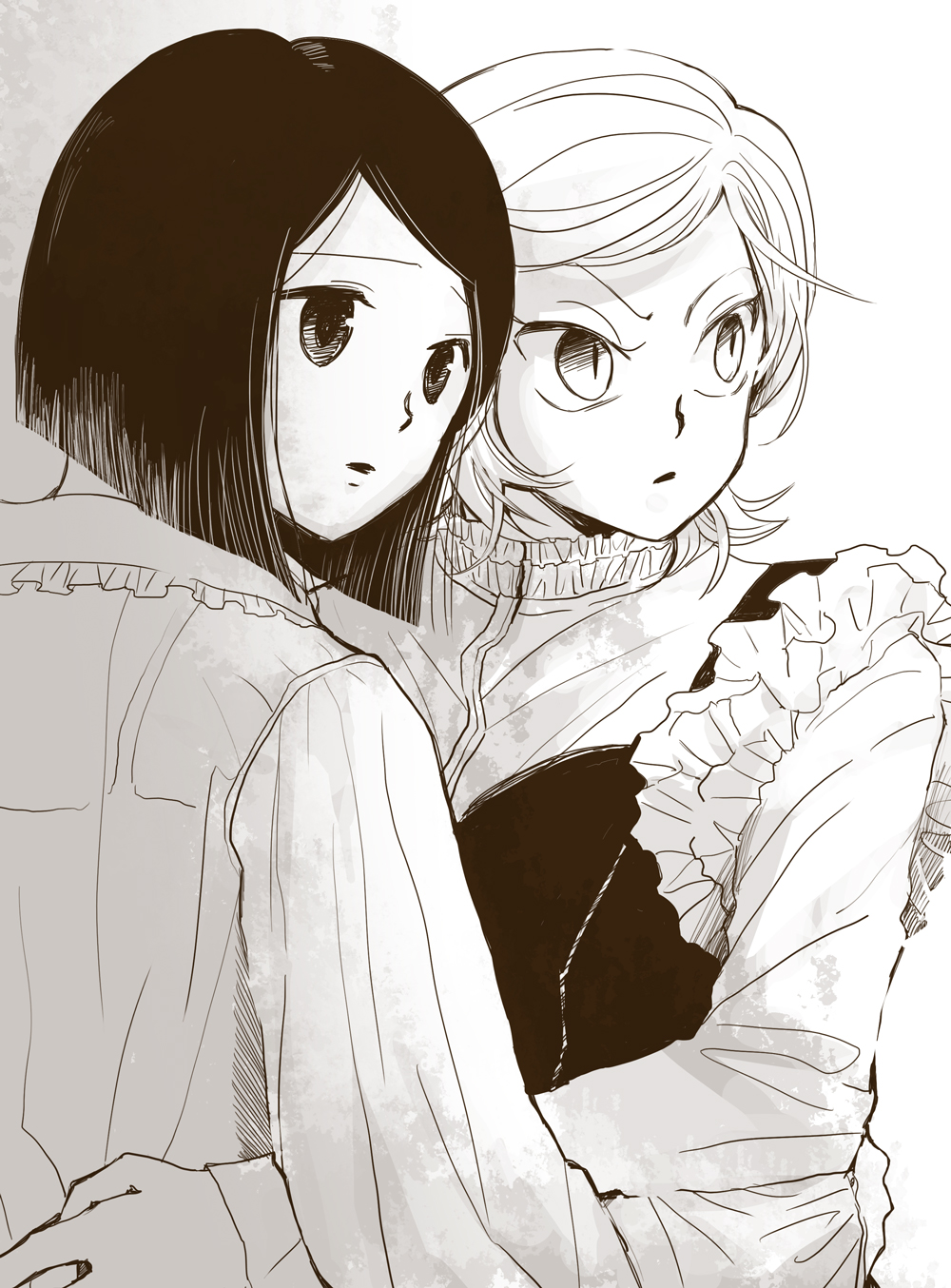 2girls, flipped_hair, fuugetsu_hui_guo_rou, highres, hug, hunter_x_hunter, kachou_hui_guo_rou, monochrome