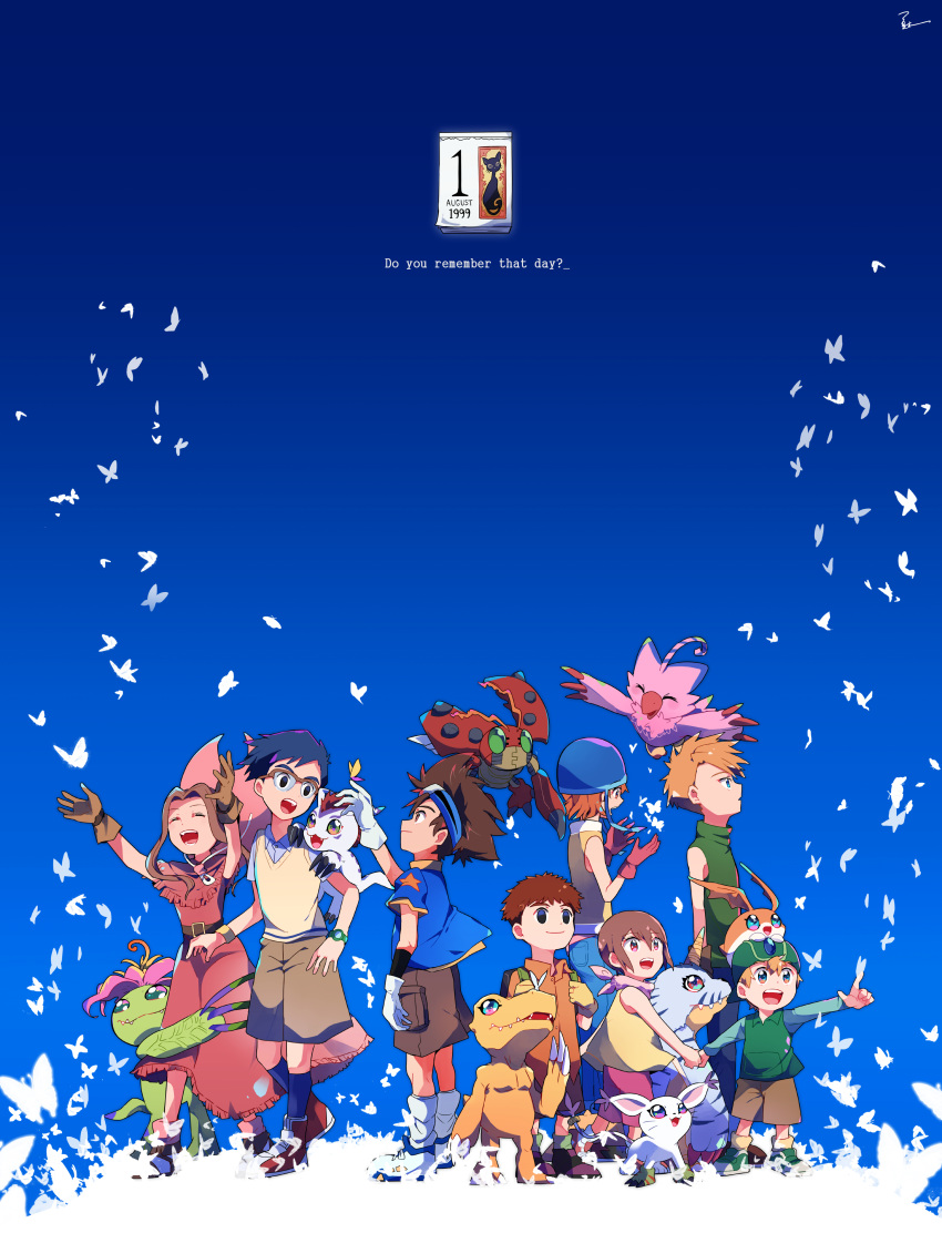 3girls, 5boys, absurdres, agumon, blonde_hair, blue_eyes, blue_hair, brown_eyes