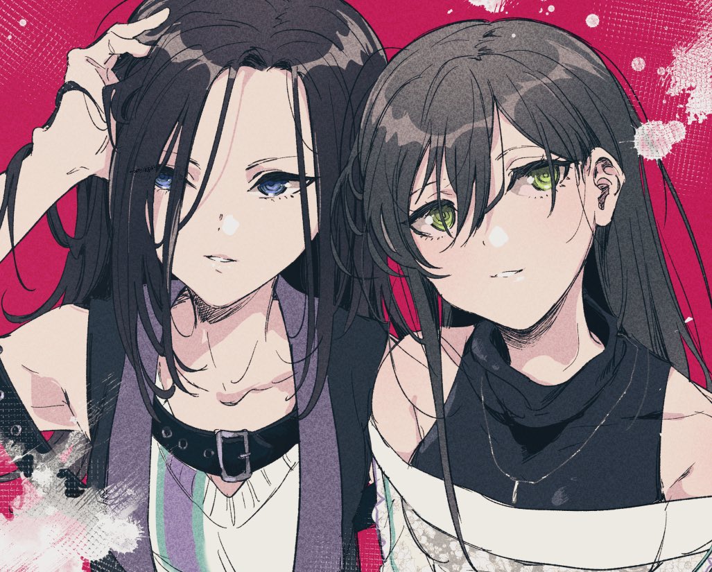 2girls, bang_dream!, bangs, black_hair, blue_eyes, chest_belt, collarbone, green_eyes