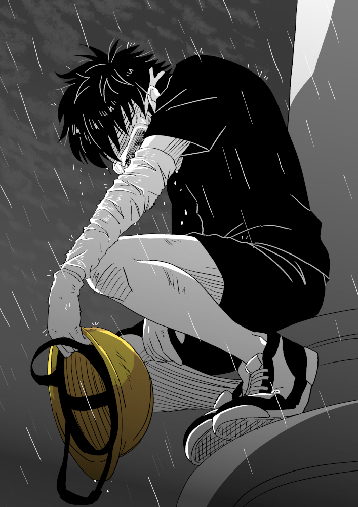 1boy, black_hair, black_shirt, black_shorts, detached_sleeves, gas_mask, grey_sky, hardhat, hat, hat_removed, headwear_removed, helmet, male_focus, messy_hair, original, original_character, outdoors, rain, sad, shirt, shoes, shorts, sitting, smalltung, sneakers, spot_color