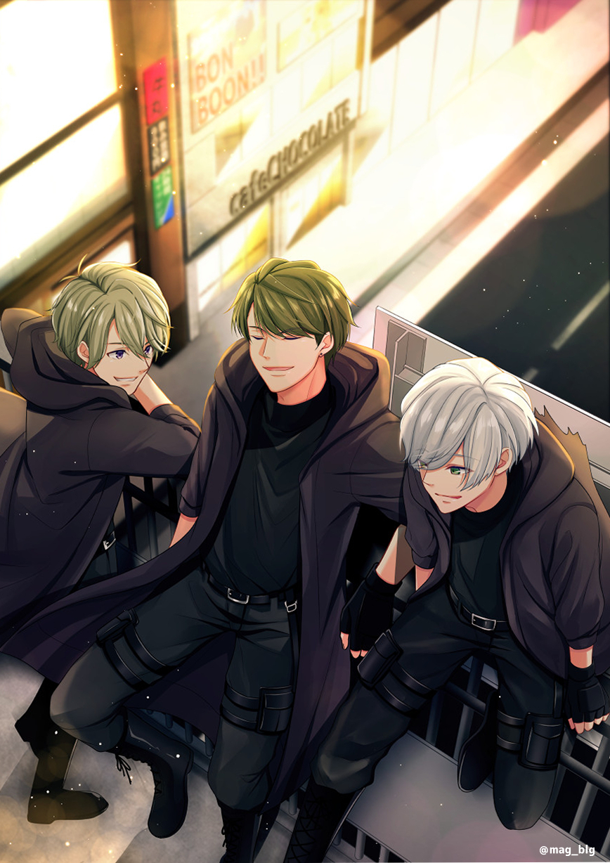3boys, a3!, belt, black_cloak, black_footwear, black_pants, black_shirt, blurry, blurry_background, boots, character_request, cloak, closed_eyes, day, green_eyes, green_hair, highres, hood, hooded_cloak, mag_blg, male_focus, mikage_hisoka, multiple_boys, outdoors, pants, shirt, silver_hair, smile, standing, thigh_pouch, thigh_strap, twitter_username, utsuki_chikage