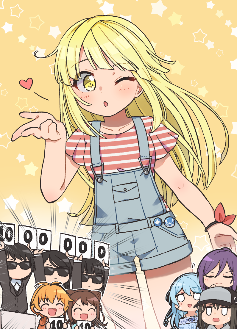 6+girls, ;o, antenna_hair, badge, bang_dream!, baseball_cap, bd_ayknn, black_hair, blonde_hair, blown_kiss, blue_hair, bodyguard, brown_hair, button_badge, emphasis_lines, formal, hat, heart, jitome, kitazawa_hagumi, long_hair, looking_at_viewer, matsubara_kanon, michelle_(bang_dream!), multiple_girls, okusawa_misaki, one_eye_closed, open_mouth, orange_background, orange_hair, overall_shorts, overalls, pocket, purple_hair, red_ribbon, red_shirt, ribbon, scorecard, seta_kaoru, shirt, short_hair, short_sleeves, star, striped, striped_shirt, suit, sunglasses, sweatdrop, toyama_kasumi, tsurumaki_kokoro, u_u, wrist_ribbon, yellow_eyes