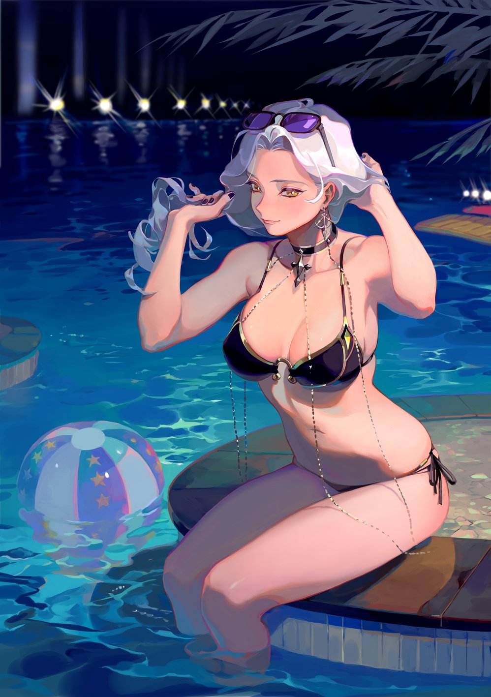 1girl, adjusting_hair, bikini, breasts, carmilla_(fate/grand_order), carmilla_(swimsuit_rider)_(fate), choker, commentary