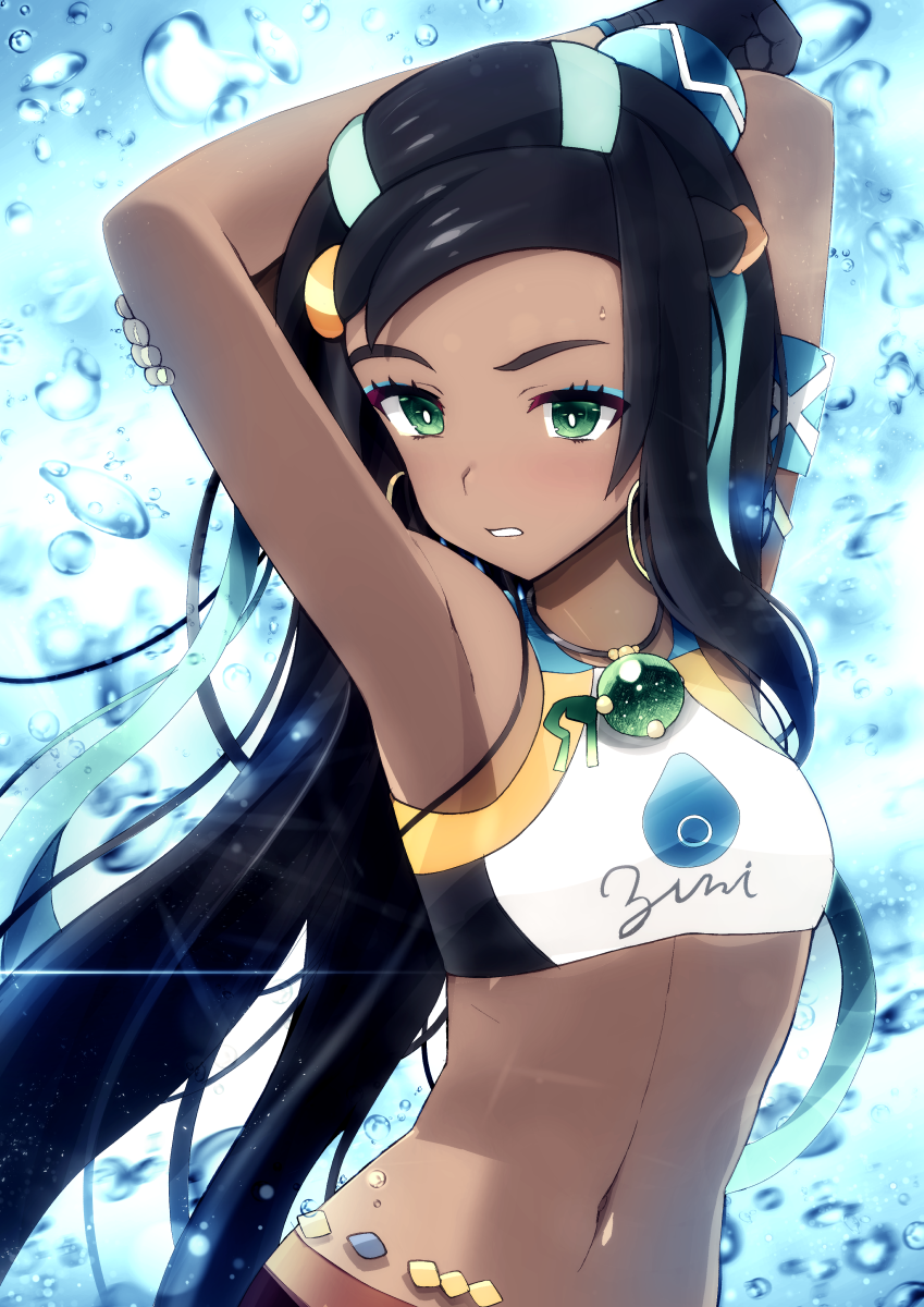 1girl, armpits, arms_behind_head, arms_up, belly_chain, black_hair, dark_skin, earrings