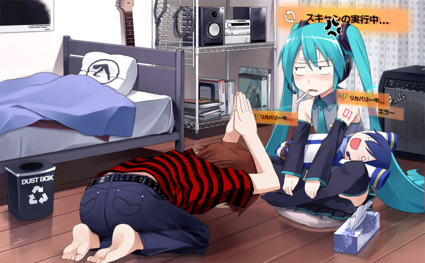 amp, angry, aphex_twin, aqua_eyes, aqua_hair, b.k., barefoot, bed