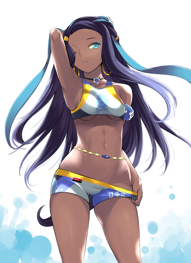 1girl, aqua_eyes, aqua_hair, arm_up, armlet, armpits, belly_chain, black_hair