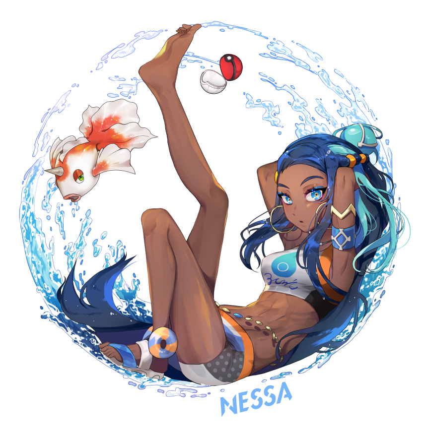 1girl, absurdres, armlet, arms_behind_head, barefoot, belly_chain, blue_eyes, blue_hair