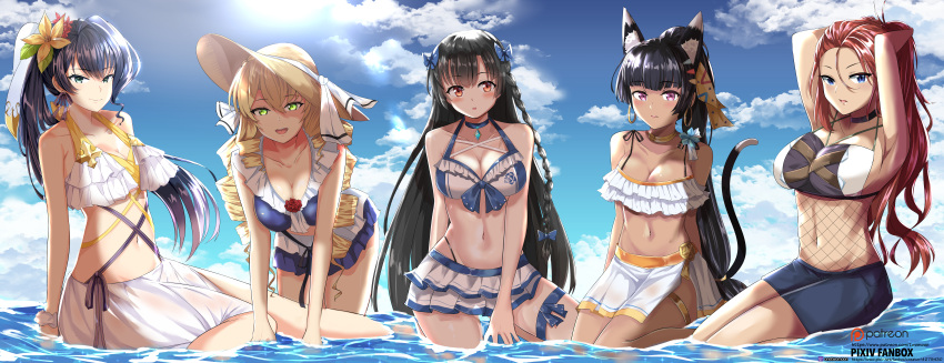 absurdres, armpits, beach, bellona_(epic7), bikini, black_hair, blonde_hair, blush, breasts, dress, epic7, green_eyes, hair_ribbon, highres, huge_filesize, karin_fantaria, large_breasts, lidica_(epic7), long_hair, looking_at_viewer, ocean, red_eyes, redhead, ribbon, swimsuit, tan, twomoon