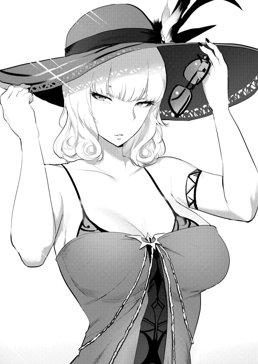 1girl, armlet, breasts, carmilla_(fate/grand_order), carmilla_(swimsuit_rider)_(fate), commentary, dress, english_commentary, fate/grand_order, fate_(series), greyscale, hand_on_headwear, hat, highres, holding, holding_eyewear, large_breasts, long_hair, looking_at_viewer, monochrome, naoko_(9113419), simple_background, solo, sun_hat, sunglasses, upper_body, white_background