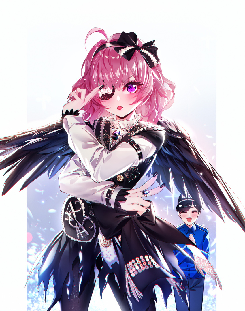 1boy, 1girl, absurdres, ahoge, bangs, baocaizi, black_dress, black_hairband, black_neckwear, black_wings, blue_pants, blue_shirt, chromatic_aberration, collared_shirt, commentary, dress, dress_shirt, eyebrows_visible_through_hair, eyepatch, feathered_wings, fingernails, glint, hair_between_eyes, hair_intakes, hairband, hands_clasped, heart, highres, huge_filesize, jewelry, kudou_hiroyuki, long_sleeves, nail_polish, open_mouth, own_hands_together, pants, pink_hair, ring, shirt, sleeveless, sleeveless_dress, sleeves_past_wrists, symbol_commentary, tennouji_ai, ultra_series, ultraman_taiga_(series), violet_eyes, white_shirt, wings