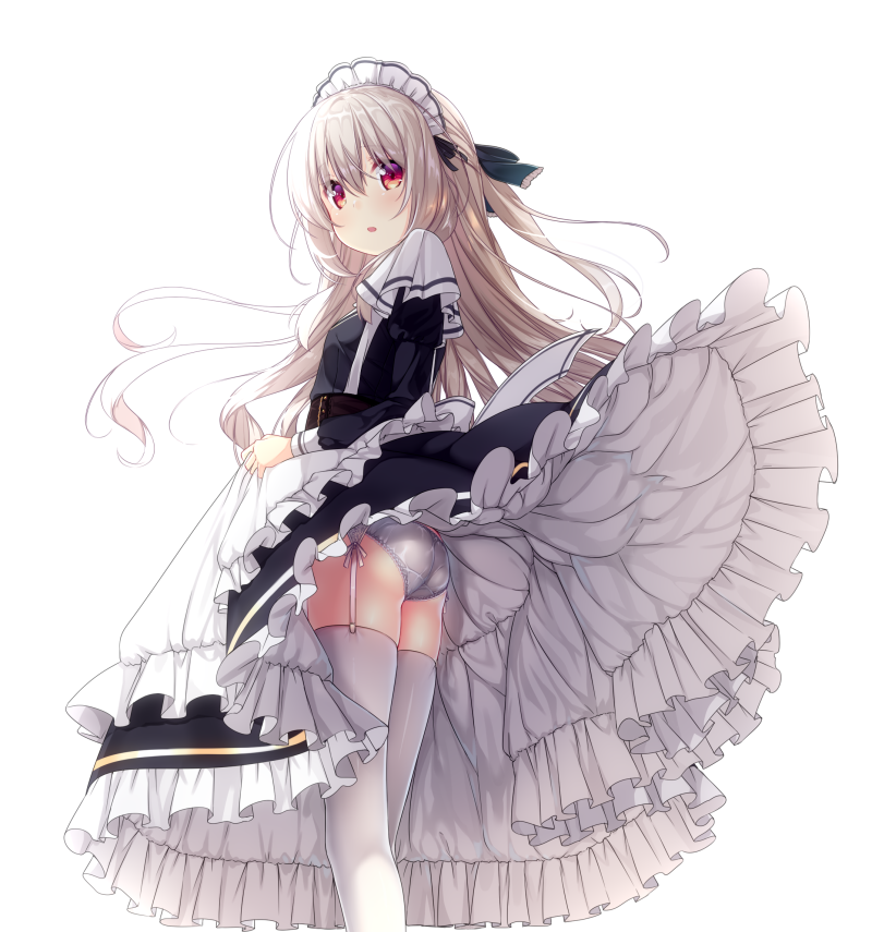 1girl, apron, ass, bangs, black_bow, black_dress, blush, bow