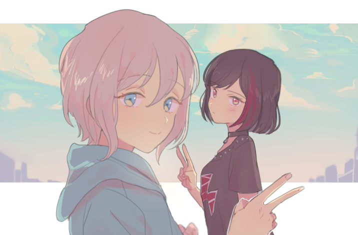 2girls, aoba_moca, aqua_eyes, aqua_hoodie, bang_dream!, bangs, black_choker, black_hair