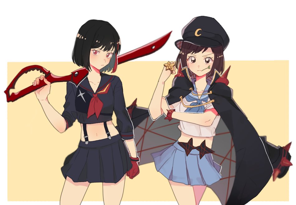 2girls, bang_dream!, bangs, black_cape, black_hair, black_headwear, black_shirt, black_skirt
