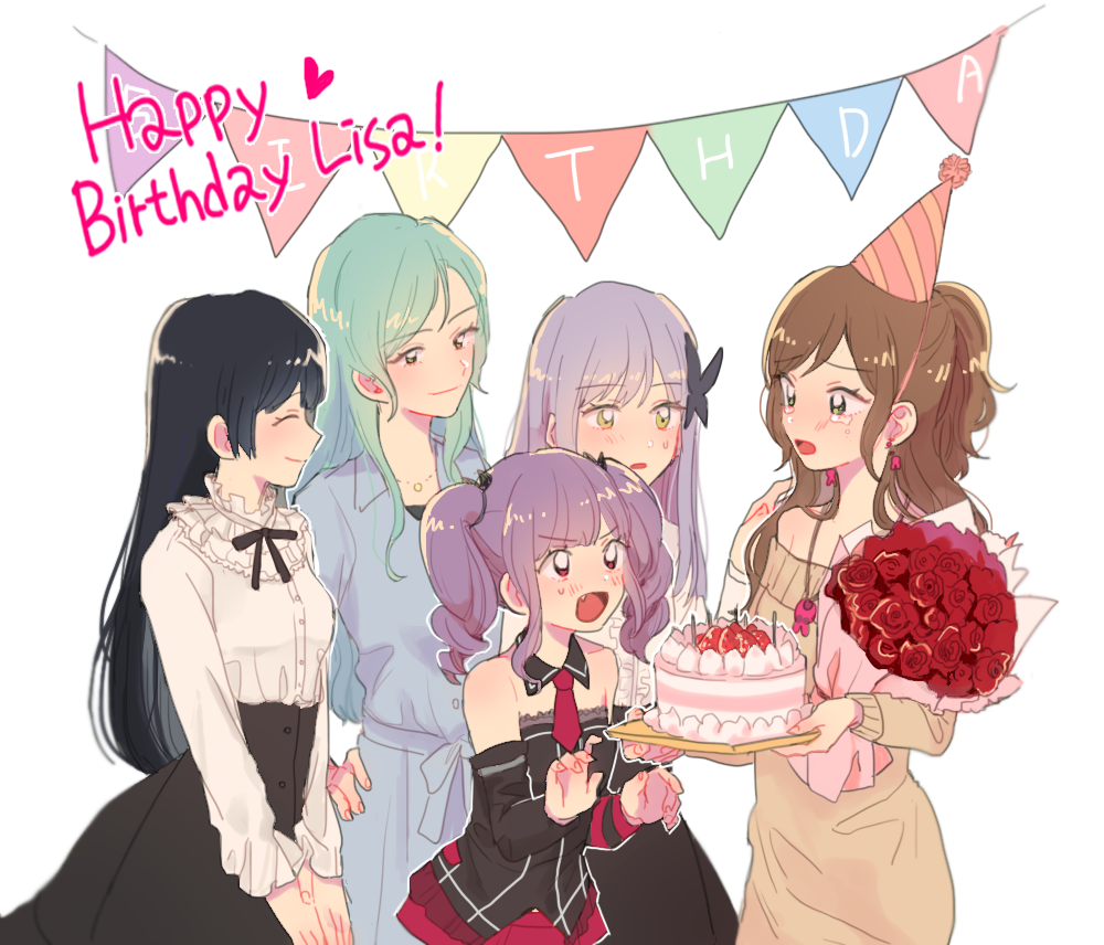 5girls, ^_^, aqua_hair, bang_dream!, beige_sweater, birthday_cake, black_hair, black_neckwear