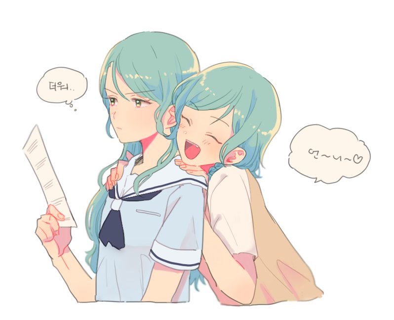 2girls, :d, ^_^, aqua_hair, bang_dream!, blue_neckwear, blue_shirt, closed_eyes