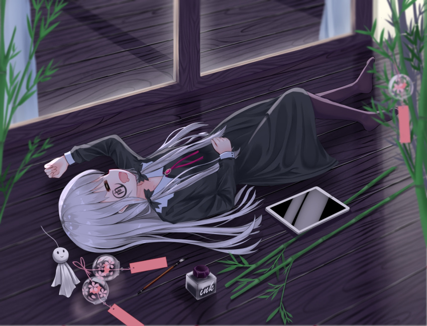1girl, =_=, bamboo, black_dress, black_legwear, blurry, closed_mouth, collarbone