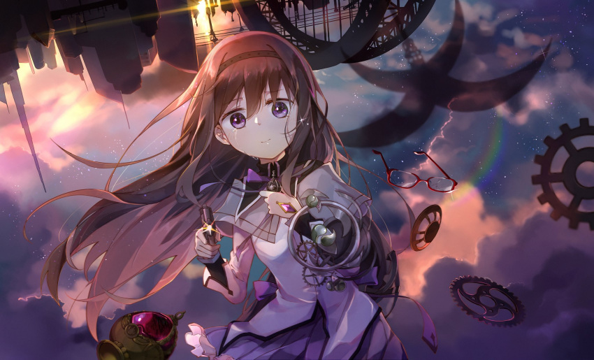 1girl, akemi_homura, bangs, black_hair, bridge, building, capelet, clouds