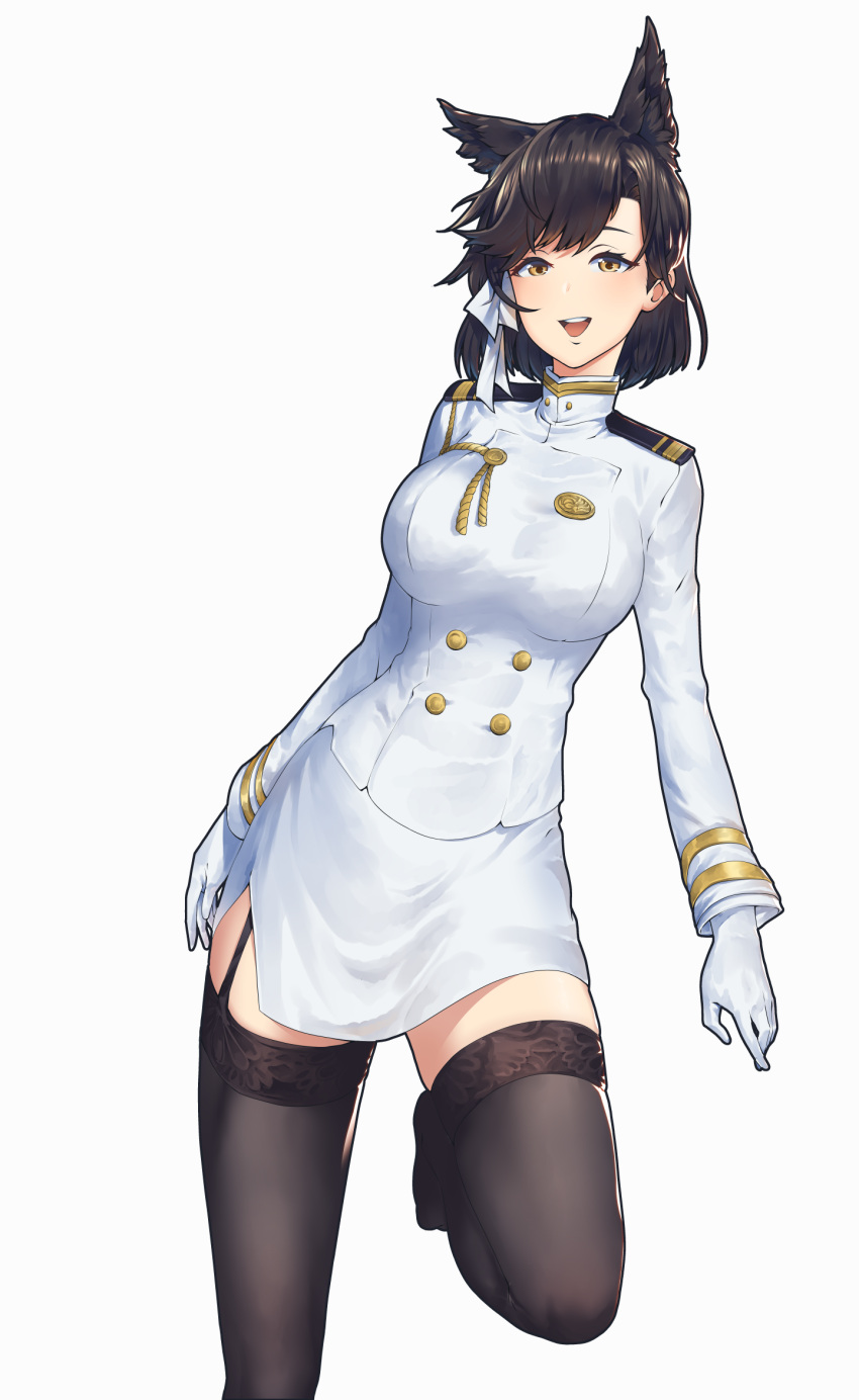 1girl, :d, aiguillette, alternate_hair_length, alternate_hairstyle, animal_ear_fluff, animal_ears, atago_(azur_lane)