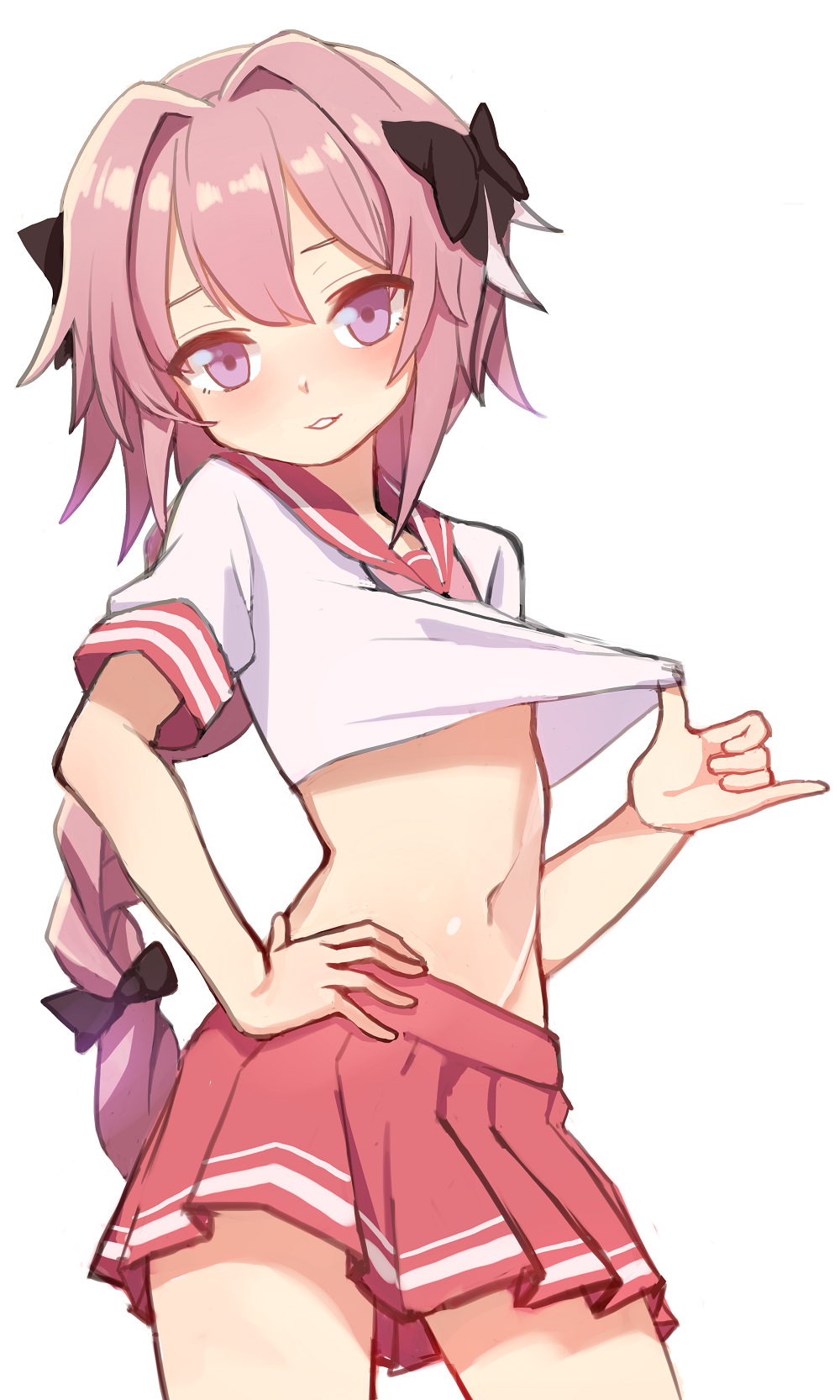 1boy, astolfo_(fate), bangs, black_bow, blush, bow, braid, commentary_request, fate/apocrypha, fate/grand_order, fate_(series), hair_bow, hair_intakes, hair_ribbon, highres, long_hair, looking_at_viewer, male_focus, multicolored_hair, otoko_no_ko, pink_hair, pink_skirt, planetarium_(platinumstars), ribbon, school_uniform, serafuku, shirt, short_sleeves, simple_background, single_braid, skirt, smile, solo, streaked_hair, violet_eyes, white_background, white_shirt